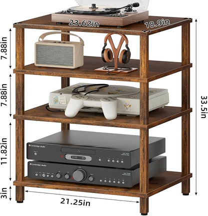 4-Tier AV Media Player Stand, Brown Stereo Cabinet, Modern Stereo Cabinet, Wooden TV Stand,Game Console Shelf, Multifunctional Entertainment Center, Suitable for Home, Conference Room, Game Studio