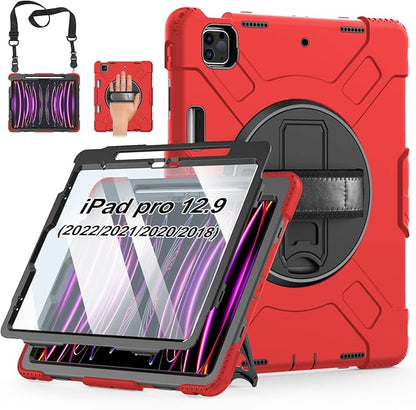 Case for iPad Pro 12.9 2022/2021/ 2020/2018: Cover for iPad Pro 12.9 6th/ 5th/ 4th/ 3rd Generation with Screen Protector- Stand- Pencil Holder- Handle- Shoulder Strap Red
