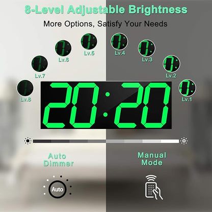 CHKOSDA LED Large Digital Wall Clock, Oversize Wall Clock with 6” Numbers, Remote Control Count up/Countdown Timer Clock, Auto Dimmer, Big Calendar and Thermometer(Green)