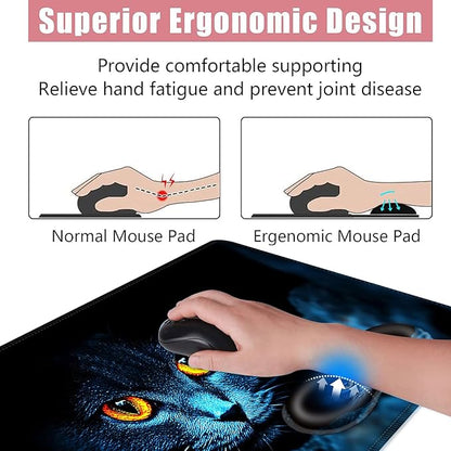 BFUKVOU Large Keyboard Mouse Pad Set, Extended Mouse Pad+Keyboard Wrist Rest Support, Memory Foam Ergonomic Easy Typing, 4Pcs (31.5×11.8 in) Desk Pad Set for Office Home,Black Cat with Glowing Eyes