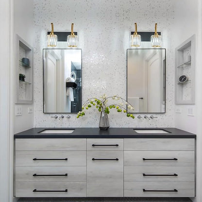 FDPBY Bathroom Crystal Vanity Lights 2-Light Black Gold Wall Lamp Modern Crystal Bathroom Light Fixtures Over Mirror 13.77" Long Wall Sconce