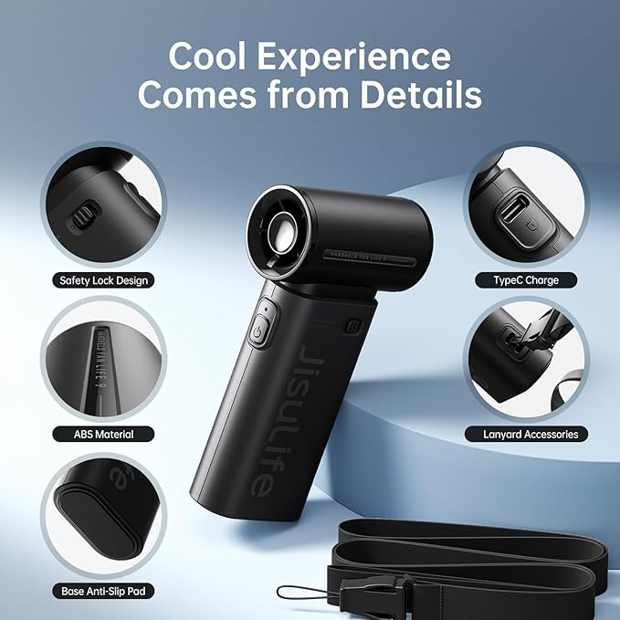 JISULIFE Portable Handheld Fan Life9, Turbo Power High Speed Air [12H Max Cooling Time], 5 Gear Wind, 3600mAh Rechargeable, Mini Pocket Design, Personal Fan for Travel Concerts Camping Makeup - Black