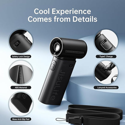 JISULIFE Portable Handheld Fan Life9, Turbo Power High Speed Air [12H Max Cooling Time], 5 Gear Wind, 3600mAh Rechargeable, Mini Pocket Design, Personal Fan for Travel Concerts Camping Makeup - Black