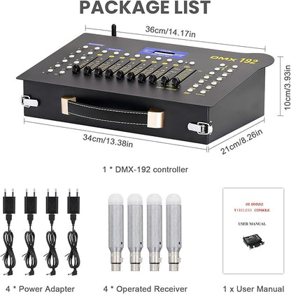CaalLogt DMX512 Controller Stage DJ Light Console Lighting Mixer Board Console Wireless DMX Transmitter Receivers Set 192 Channels for Party DJ Disco Lights Show Night DJs KTV Bars Moving Heads