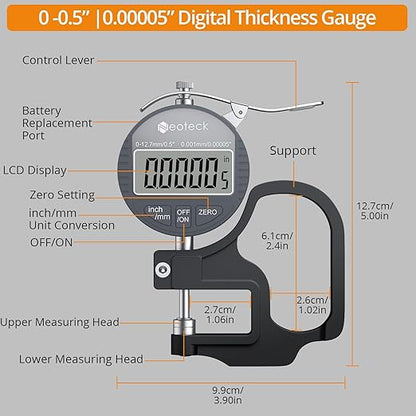 Neoteck Digital Thickness Gauge 0.5inch/12.7mm,0.00005inch/0.001mm LCD Display with Inch/MM Conversion One-Hand Quick Press Thickness Measuring Tool for Leather Paper Fabric Film etc.-Silver-Grey