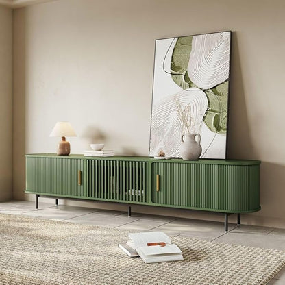 POVISON Fully-Assembled Modern Green TV Stand with Tambour Doors, Fluted TV Media Console for 85 Inch TVs, Sliding Door Entertainment Center with Storage for Living Room (Green, 94.49")