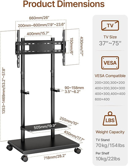 ECOTINY Steel Base Rolling TV Stand with Soundbar Mount for 37-75 inch TVs up to 154lbs, Swivel&Tilt Mobile TV Stand with Large Storage, Height Adjustable Heavy-Duty TV Cart, Max VESA 600x400mm, Black