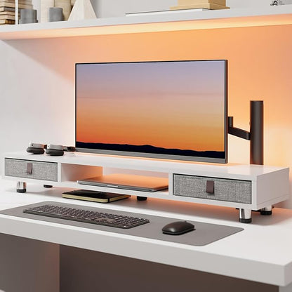 Fenge Dual Monitor Stand with 2 Drawers, 42.5 Inches Large Computer Riser for Desk, Adjustable Height Desk Shelf with Storage for Laptop, PC, TV, Printer