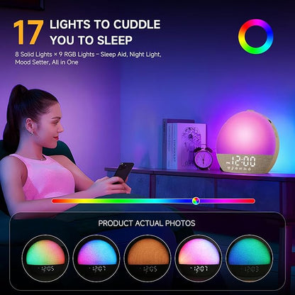 Geuuap Sunrise Alarm Clock White Noise Sound Machine for Bedroom | Natural Wake-Up Light with 30 Soothing Sleep Aids, Bluetooth Speaker, Dimmable Clock, Screen-Free Design for Baby Adults Kids-Khaki