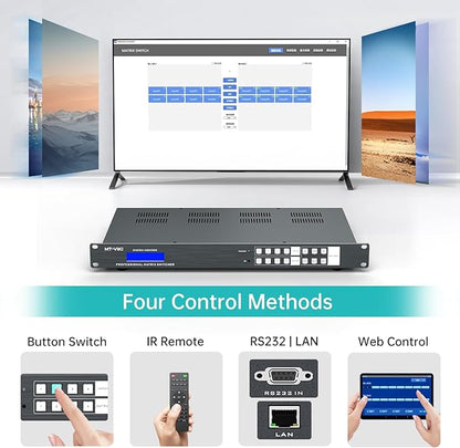 MT-VIKI 4K HDMI Matrix Extender 4x4 4K60Hz 4:4:4 Over CAT6/7/8 Cable, Matrix Splitter & Switcher with 4 POC Receivers + 4 Loop Out, Web GUI, RS232, Up to 230FT (70m)