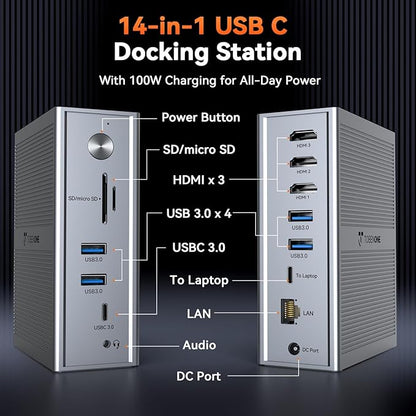 TobenONE DisplayLink Docking Station 3 Monitors, 14-in-1 Triple Monitor Dock for M1-M5 MacBook/Mac mini, Windows, Chrome (3HDMI, 120W Power Supply, 5 USB, Home Office & Professional Workspace