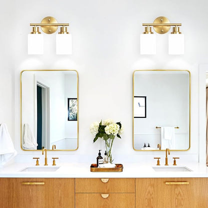 Guliaofo 2-Light Vanity Lights, Brushed Gold Bathroom Light Fixture with Striped Textured Milky White Glass Shade, Modern Vanity Lighting Fixture for Bathroom Wall Light Over Mirror, E26 Wall Sconce