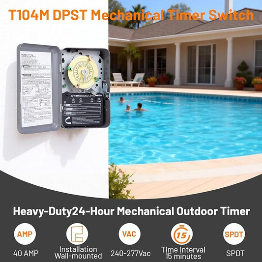 T104M Mechanical Timer Switch Mechanism Only, Heavy-Duty Timer Switch for Pool Pumps, 120V 40A DPST, 24-Hour 12 ON/Off Cycles - for Lights, Water Heaters, Fans, HVAC Systems