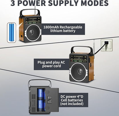 JEUJUG Portable AM FM Radio, Bluetooth 5.0 Radios 5 Watts Loud Speaker,FM Radio Built-in Rechargeable Battery/DC D*4 Cell Battery Operated & AC Power Plug in Wall Retro