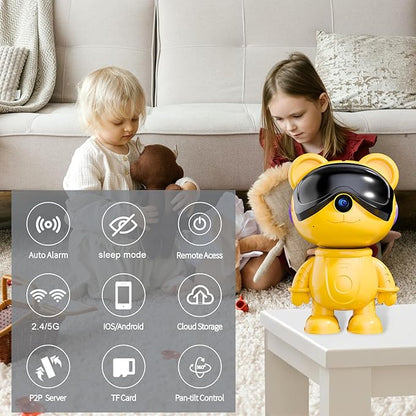 dzcctvipc-Cute Bear-2K Smart-Robot Security-Camera Wireless - Nanny & Pet Motion Monitor with Mobile App,Baby Cry Detection Alarm,5G Dual-Band,Pan-Tilt,Full HD Night Vision,24/7 Recording,2-Way Audio