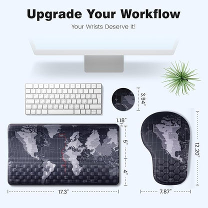 Ospelelf Ergonomic Mouse Pad and Keyboard Stand Wrist Rest Set, Memory Foam Comfort, Pain Relief for Typing, Office Desk Accessories, Map