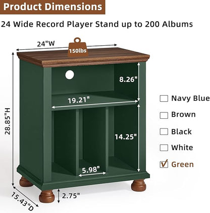 Joaxswe Record Player Stand with Vinyl Record Storage, 24" Wide Mid-Century Record Player Table Up to 200 Albums,Large Wood Turntable Stand Cabinet Dispaly Shelf for Living Room,Bedroom,Green