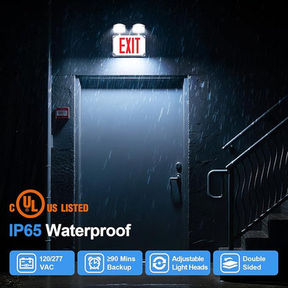 Wet Location Emergency Exit Signs with Adjustable Lights Battery Backup, UL Listed Double Face Exterior Led Exit Sign Combo, Hardwired Waterproof Red Exit Light, AC 120/277V, Wall/Side Mount (1 Pack)