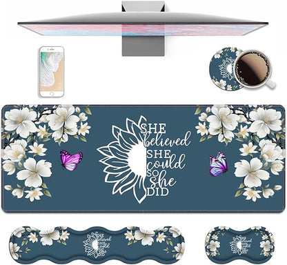 Ergonomic Keyboard Wrist Rest & Mouse Pad Wrist Rest Set, She Believed She Could So She Did Inspirational Quote Large XXL Gaming Desk Mat 31.5"x 11.8" with Non-Slip Base for Home Office Study Gaming