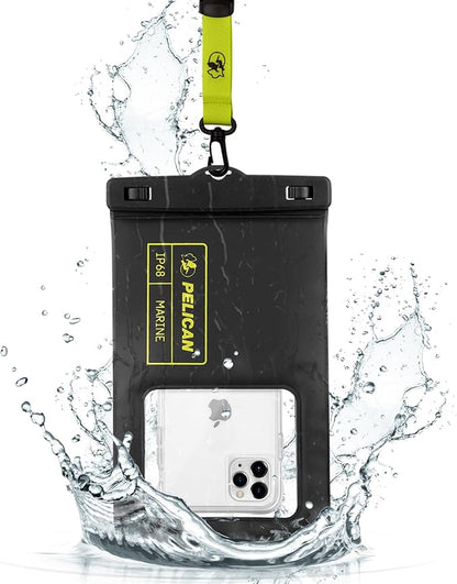 Pelican Marine - IP68 Waterproof Phone Pouch (XL Size) Floating Waterproof Phone Case - Beach Cruise Ship Travel Essentials - Works with All Phones - Detachable Lanyard - Black/Hi-Vis Yellow