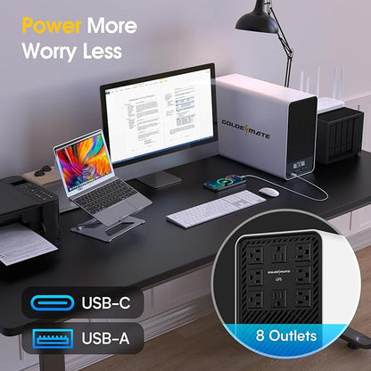 GOLDENMATE 2000VA/1600W Lithium UPS Battery Backup and Surge Protector, Backup Battery Power Supply with LiFePO4 Batteries(460Wh), AVR, Line Interactive Sinewave UPS System, 8 Outlets, LCD Display