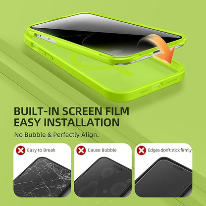 BERFY Magnetic for iPhone 14 Pro Max Case,Compatible with MagSafe,Built-in Privacy Screen Protector and Upgraded Camera Protection,Anti-Spy Full Body Shockproof Phone Case for 14 Pro Max, Bright Green
