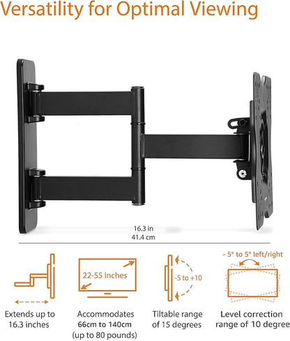 Amazon Basics Full Motion Articulating TV Wall Mount, with Swivel and Tilt, for 26" to 55" TVs and Flat Panels up to 80 Lbs, VESA Compatible, Black