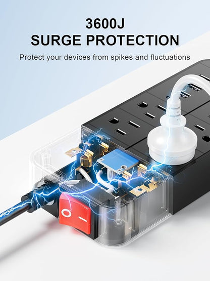 Otovoda Surge Protector Power Strip, 6 Ft Extension Cord with Multiple Outlets & 4 USB Ports (1 USB C PD20W), Multi Plug Extension Outlet Perfer for Home Office Workspace Bedroom, 3600 Joules, Black