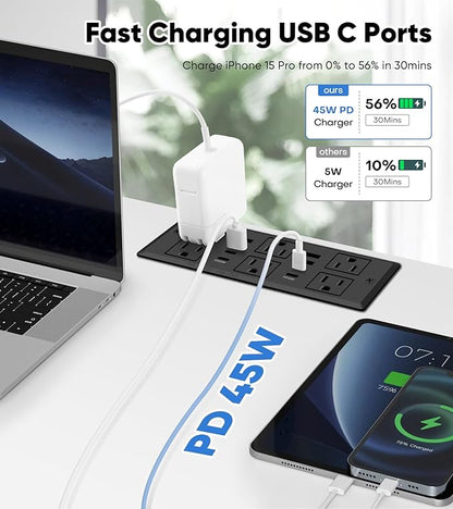 45W Recessed Power Strip, Flush Mounted Surge Protector(1200J) with 6 AC Outlets & 8 USB Ports(4 USB-C), 45°Flat Plug, 6FT Flat Power Cord(Black)