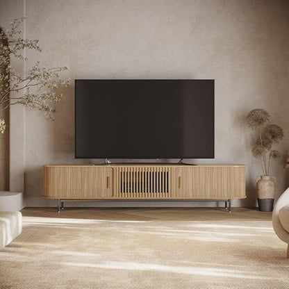 POVISON Fully-Assembled Mid Century Modern TV Stand for 85 inch TV, Sliding Door Entertainment Center with Storage, Wood TV Console, Media Console for Living Room Bedroom(Oak, 94.49")