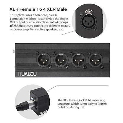 HUALEU 3Pin XLR 1 Female to 4 Male Splitter,4Way XLR Single Input to Four Output Parallel Connection Adapter,One Input to 4 Output Audio DMX Adapter