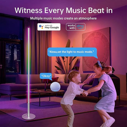 Marlrin RGBW Floor Lamp, Color Changing Standing LED Corner Lamp, Modern Lamp with Music Sync, Compatible with Alexa，Wi-Fi APP and Remote Control, 57.8" Floor Lamp for Living Room and Bedroom, Silver