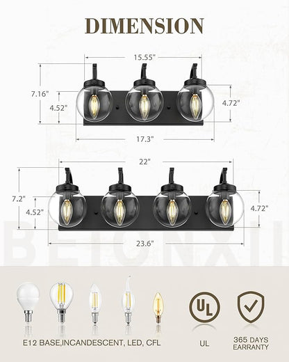 Beionxii Black Bathroom Vanity Light, 3-Light Bathroom Light Fixtures with Clear Glass Shade, Modern Vanity Lights Over Mirror Living Room Hallway, BX-VL03MB-3CG