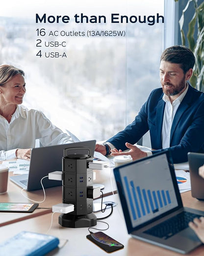 Power Strip Tower Surge Protector, JACKYLED 16 Outlets 6 USB (2 USB C) Charging Station, Extension Cord with Multiple Outlets, 1050J 1625W/13A Outlet Extender 6.5ft Extension Cord for Home Office