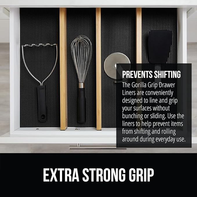 GORILLA GRIP powerGRIP Drawer Shelf and Cabinet Liner, Thick Strong Hold, Non-Adhesive Liners Protect Kitchen Cabinets and Cupboard, Bathroom Drawers, Easy Install, Breathable Mat, 20" x20', Black