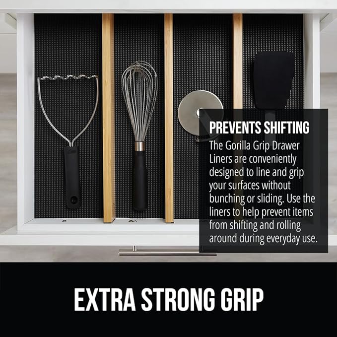GORILLA GRIP powerGRIP Drawer Shelf and Cabinet Liner, Thick Strong Hold, Non-Adhesive Liners Protect Kitchen Cabinets and Cupboard, Bathroom Drawers, Easy Install, Breathable Mat, 17.5" x20', Black