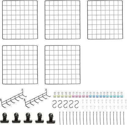 Feadily 5 Pack Metal Grid Wall Board Including 2 Hook Rack, Photo Wall, Picture Board, DIY Home & Office Wall Decor, Photos & Pictures Display Board 13.8 Inch × 13.8 Inch (Black)