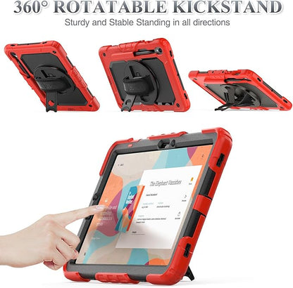 SEYMAC stock Case for Samsung Galaxy Tab S10 FE / S9 / S9 FE 5G Tablet Case Protective with Screen Protector, Pencil Holder, 360 Rotate Stand, Hand Strap, Shoulder Strap, Red