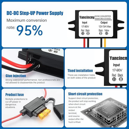 Yancincny DC 24V 36V 48V 60V 72V 84V 90V Step Down to 12V 5A 60W Converter Regulator Reducer Power Supply Module Buck Transformer, Waterproof DC 48V to 12V Converter with Fuse for Golf Cart