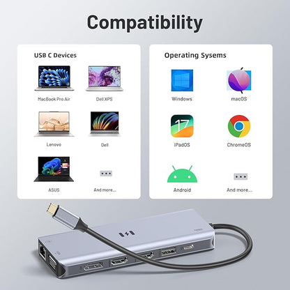 USB C Docking Station 4 Monitors,13 in 1 Laptop Docking Station 3 Monitors with Dual HDMI,8K DP,VGA,10Gbps USB A/C Data Transfer, PD Charging,USB C Hub Multiport Adapter for Windows/Mac OS Laptop