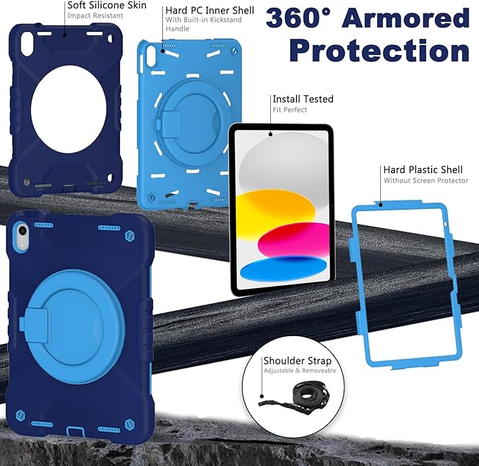 Case for iPad (A16) 11th Generation 11 inch 2025/10th Generation 10.9 inch 2022, Heavy Duty Shockproof Kids Protection Cover with Pencil Holder/360° Rotating Stand/Handle/Shoulder Strap, Navy Blue