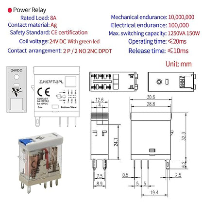 24 Volt Relay with Test Button Miniature 8Amp DPDT with Led Indicator Light and Socket Base (8 Pin- 8A, DC 24V)