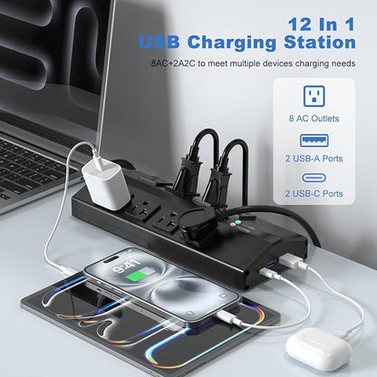 JUNNUJ Heavy Duty Power Strip with 8 Outlets and 4 USB Ports, Metal Wall Mount Surge Protector with 20 Amp 12 Gauge 6 FT Extension Cord for Garage, Industrial, Shop, ETL Listed