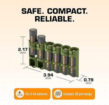 Storacell Slimline AA-6 Battery Storage Caddy and Dispenser, Military Green, Holds 6 AA Batteries (Not Included), Durable & Compact Design, The Original Battery Caddy, Made in The USA