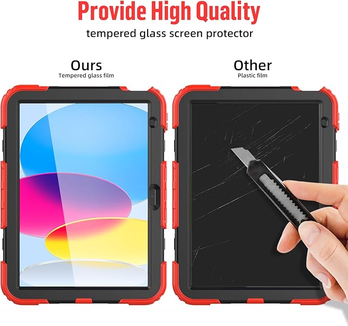 BLOSOMEET Case for iPad A16 11th/10th Generation 11''/10.9'' 2025/2022 with Tempered Glass Screen Protector & Pencil Holder, Rugged Military Grade Cover w/Stand Hand Shoulder Strap, Red