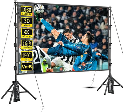 VntB Outdoor Projector Screen with Stand, 150 inch Portable Projection Screen Wrinkle-Free 16:9 4K HD Rear Front Movie Screen with Carry Bag for Indoor Home Theater, Camping and Backyard Entertainment