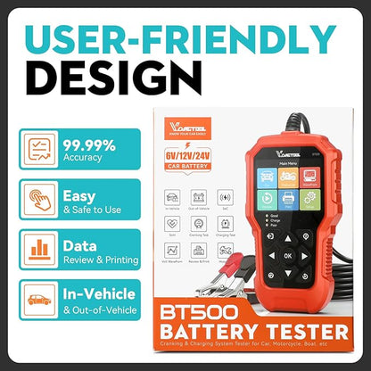 Car Battery Tester 6V 12V 24V VDIAGTOOL BT500, 5-3000 CCA Battery Load Tester, Starter Alternator Tester Automotive Charging Cranking System Analyzer for Car Truck Motorcycle SUV ATV Boat