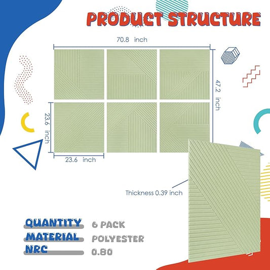 EVENRISING Acoustic Panels 6 Pack, Soundproof Wall Panels 23.6 x 23.6 Inches, Large Decorative Sound Absorbing Panels,Self-Adhesive Acoustic Treatment for Home Studio Office, VerdeLux