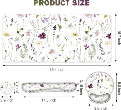 Gaming Mouse Pad, Large Desk Mat, Cute Desk Pad Protector, 4in1 XXL Mousepad + Keyboard Wrist Rest+Mouse Wrist Rest+Coaster Set with Ergonomic Desk Pad for Home Office Computer, Purple Flower Plants