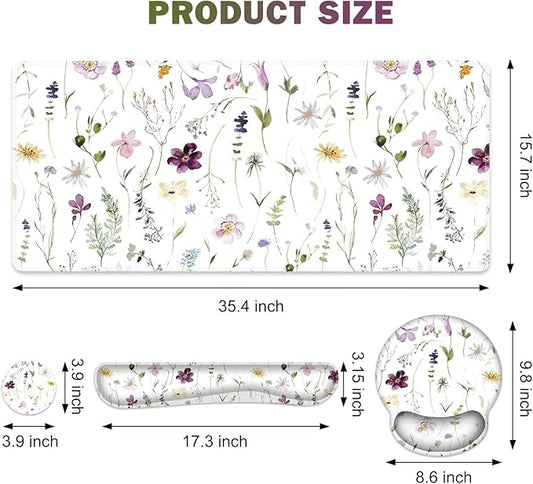 Gaming Mouse Pad, Large Desk Mat, Cute Desk Pad Protector, 4in1 XXL Mousepad + Keyboard Wrist Rest+Mouse Wrist Rest+Coaster Set with Ergonomic Desk Pad for Home Office Computer, Purple Flower Plants